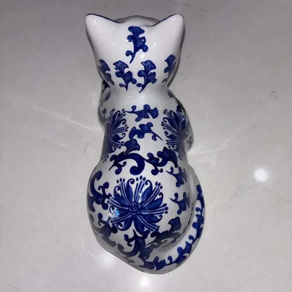 Vintage Blue and White Porcelain Chinoiserie Cat Figurine